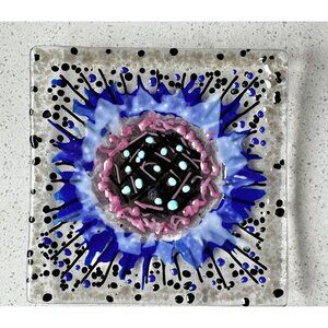 Handmade Fused Glass Square Plate With Abstract Blue & Pink Design 7”